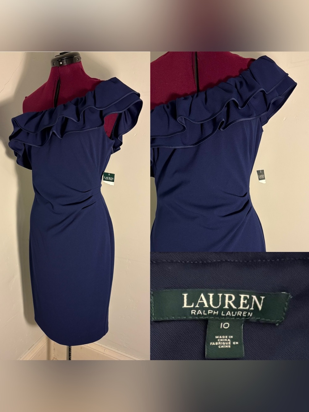 Lauren Ralph Lauren classic ruffle cocktail party dress navy blue NWT 10 vintage